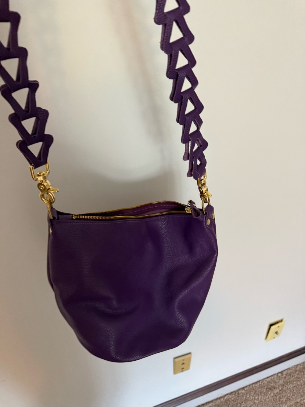 KMM Zip Top Bucket Bag in Italian Pebbled Purple with Strap